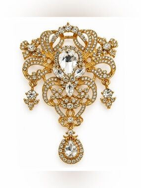 Large Gold Tone Rhinestone Crystal Teardrop Dangle Statement Brooch Pin Sparkly